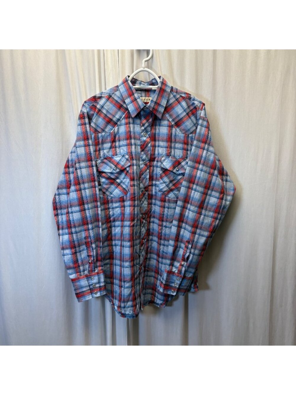 Roper Western Shirt Mens Size Large Blue Red Plaid Pearl Snaps Long Sleeve